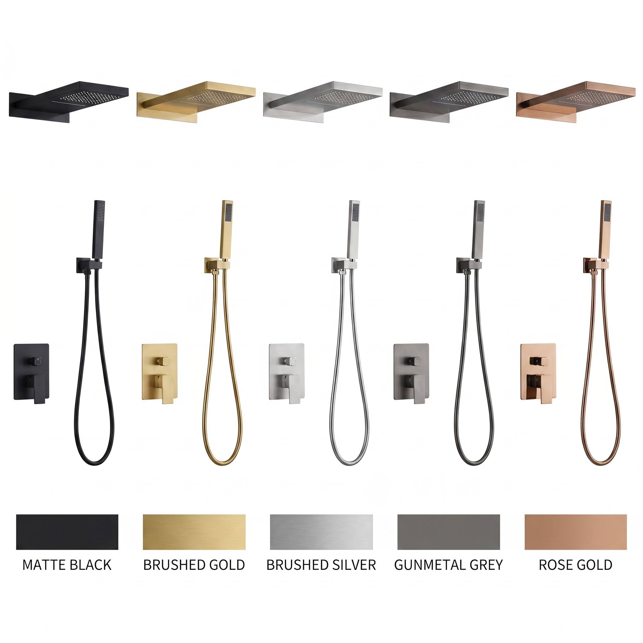 Luxury Matte Black Shower Faucet Set – Waterfall & Rainfall Mixer System | Concealed Brass Valve for Villa & Hotel Bathrooms